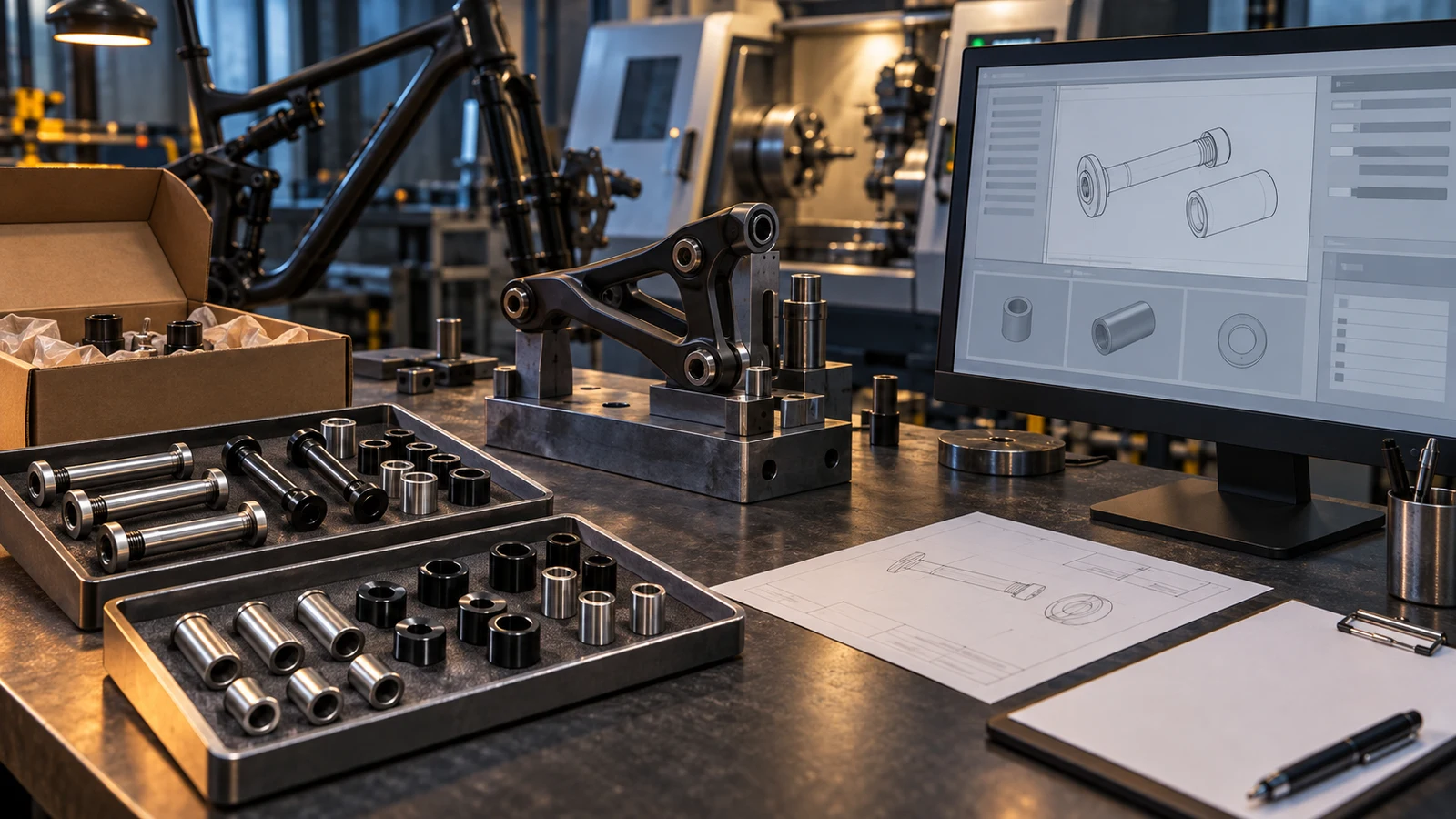 Concept digital inquiry desk with pivot sample trays and a generic monitor interface; not an actual PremFixer order tracker or live production screen.
