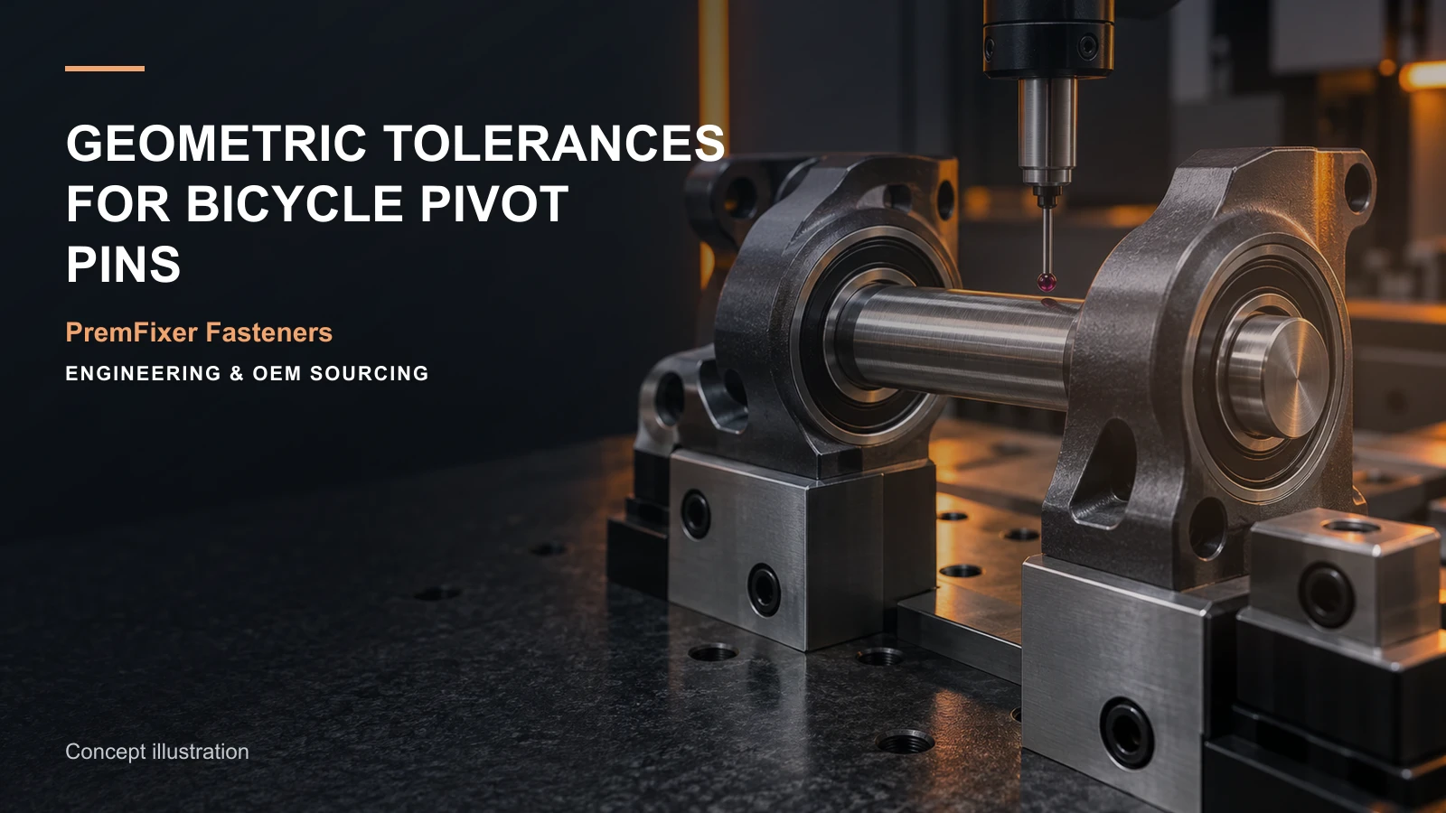 Bicycle pivot pin aligned with bearing bores and a metrology fixture for geometric inspection.