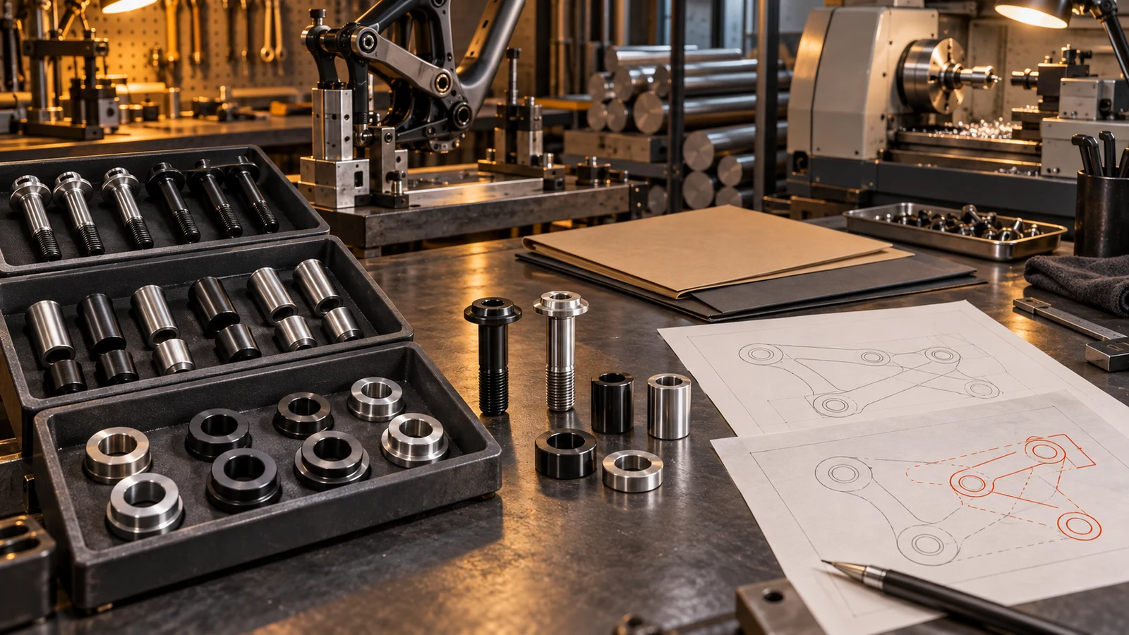 Concept quotation review bench with pivot sample trays, material blanks and separate drawing sheets; not a real price adjustment or approved commercial agreement.