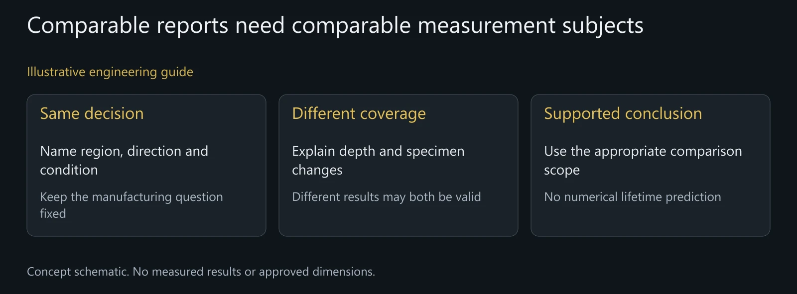 Illustrative report-comparison logic, not an actual stress profile, qualified treatment or predicted component life.