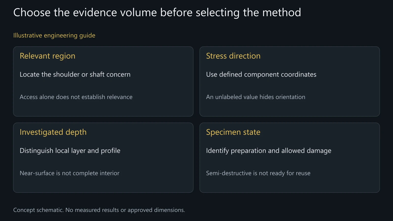 Concept method-selection map without stress values, depth settings or an approved XRD/hole-drilling procedure.
