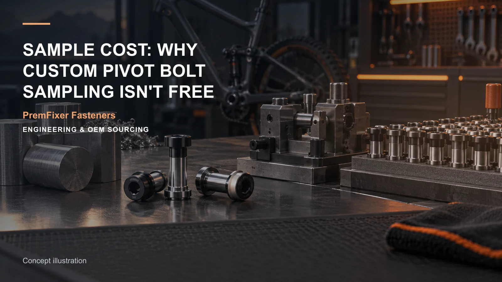 Editorial concept for pivot sample fees and production credit with cards for sample-fee explanation, comparable quantity-price model, workholding concept and setup record.