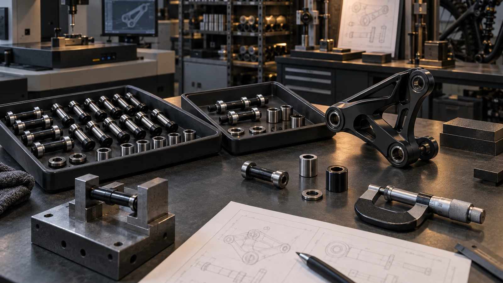 Concept pivot supplier-review bench with distinct parts trays, gauges and blank inspection sheets; not an actual audit, factory photograph or verified inspection result.