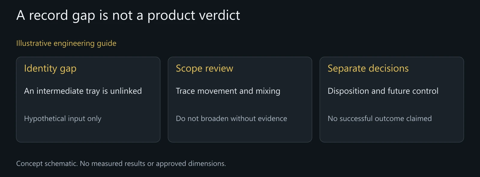 Illustrative sleeve-tray review showing evidence limits; no actual lot, test result or closure decision is represented.