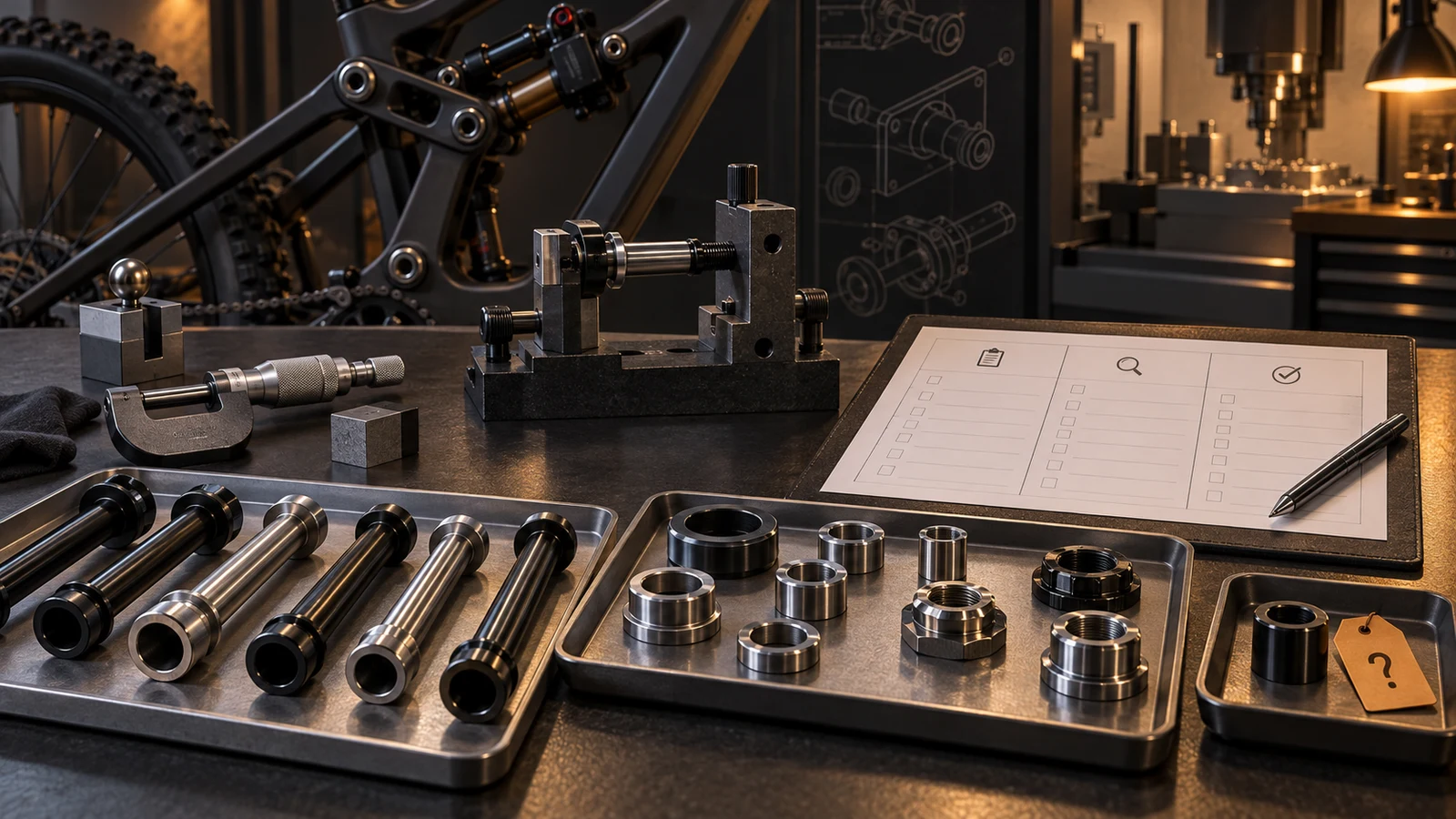 Concept hollow axles, sleeves and retaining nuts beside a micrometer, fixture and unfilled three-column review sheet, with bicycle linkage behind; not actual audit findings or inspection results.