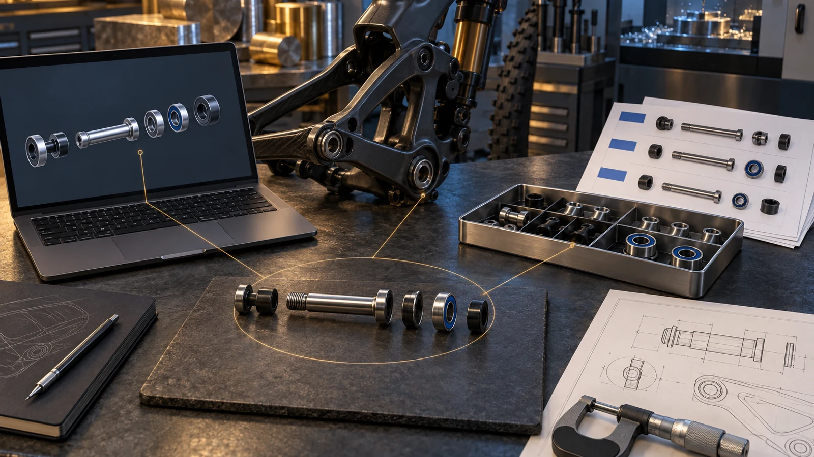 Concept engineering worktable showing CAD, purchasing and inspection perspectives around one pivot kit; not an actual platform or completed review