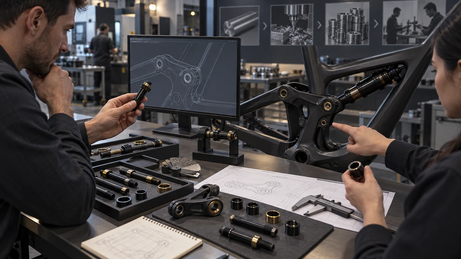 Concept engineering-review bench with pivot bolts, spacers, a linkage interface, drawing sheets and measurement tools