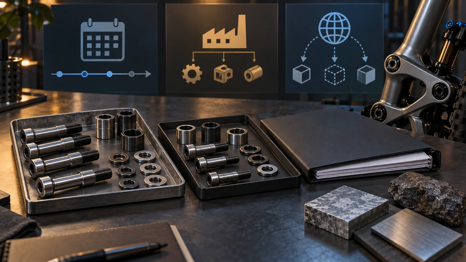 Concept pivot hardware trays, material samples and neutral document folder beside abstract calendar, manufacturing and alternate-route icons; not an audited report, supplier solvency assessment or verified continuity arrangement.