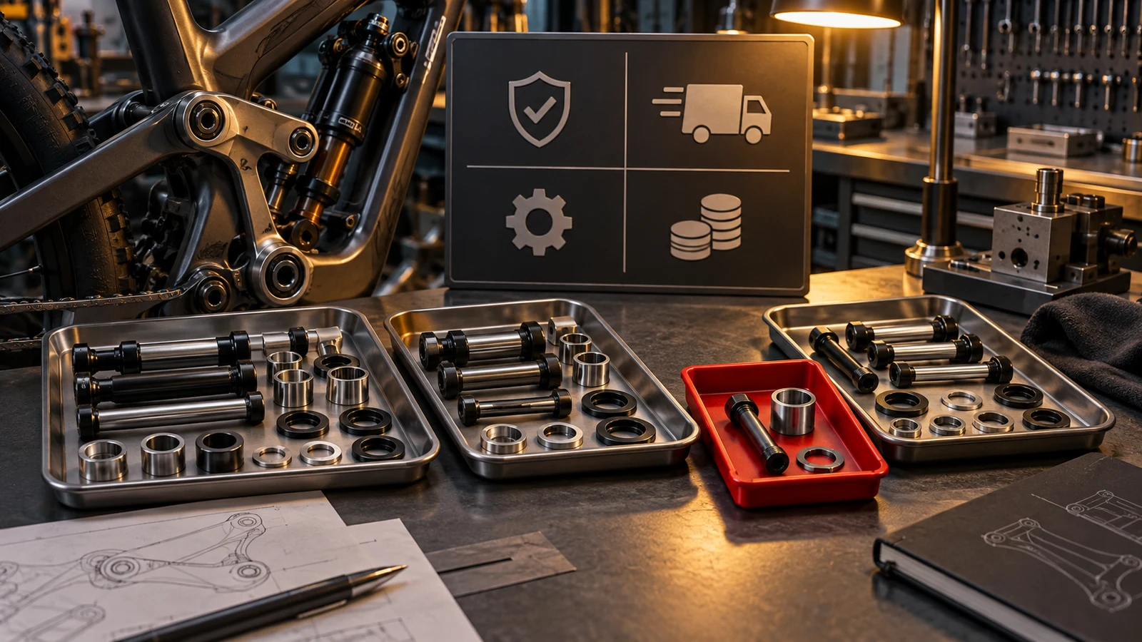 Concept pivot axle and spacer trays beside a red review tray, bicycle linkage and four symbolic performance panels; the symbols are not certifications, actual scores or approval results.
