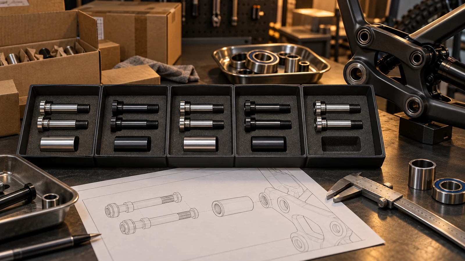 Concept receiving bench with paired pivot bolts and sleeves, separate incomplete-kit compartment and cartons; not an actual supplier defect or performance result.