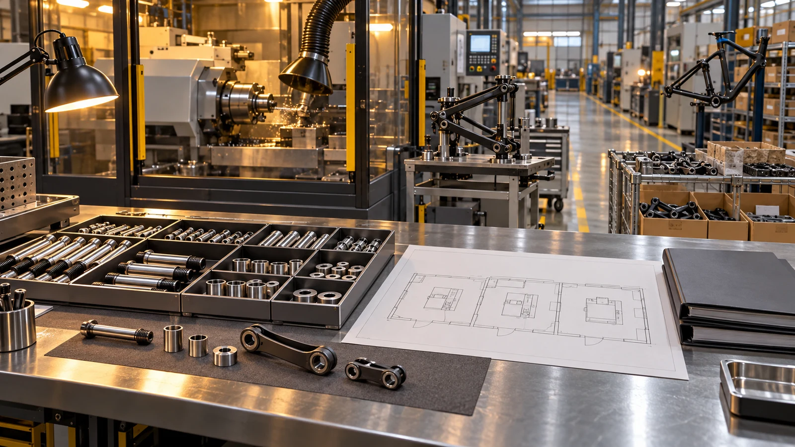 Concept organized pivot manufacturing station with plain site-layout sheets and document folders; not an actual audited facility or social-compliance report.