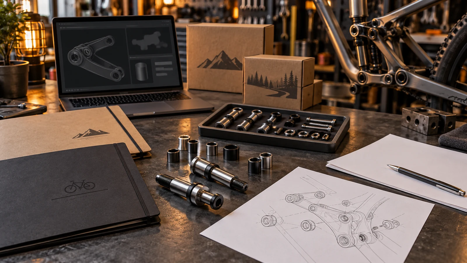Concept purchasing review bench with pivot bolts, sleeves, linkage sketches and quotation folders; not an actual transaction or approved payment instruction.