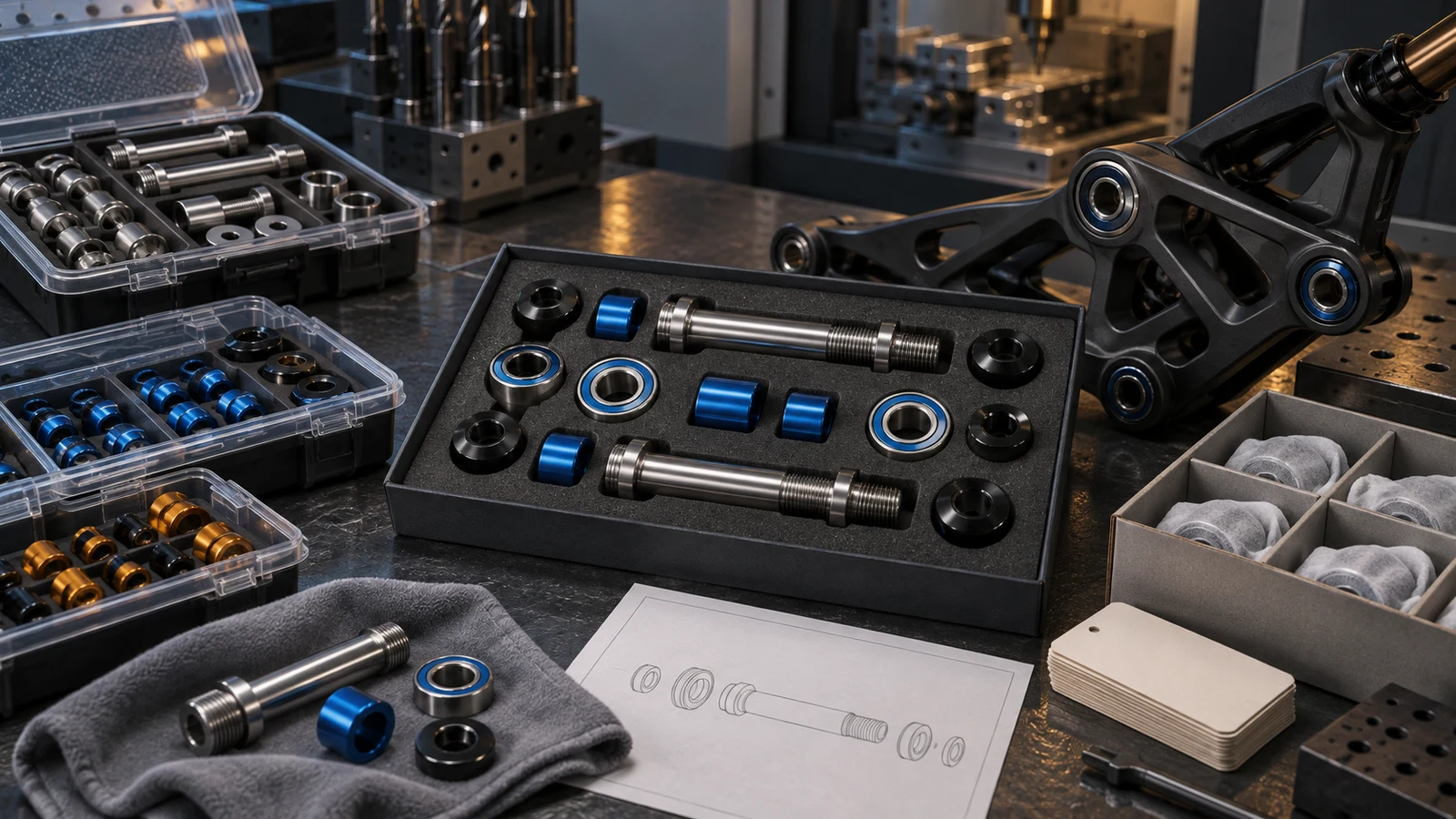 Concept illustration of separate machined and finished pivot-part trays, protective handoff holders and a central multi-material kit; no partner-owned finishing line or actual accepted order is depicted.