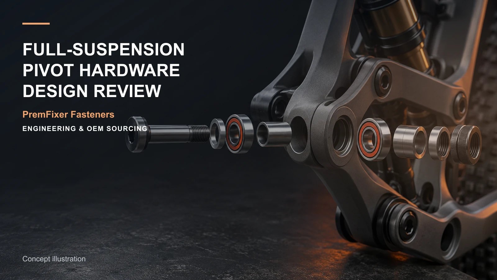 Conceptual exploded full-suspension pivot assembly showing axle, bearings, sleeves and spacer stack.