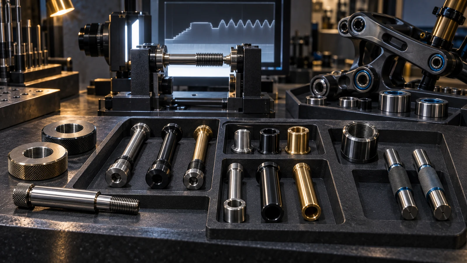 Concept illustration of pivot bolts, thread ring and plug gauges, an optical measurement setup and a suspension linkage