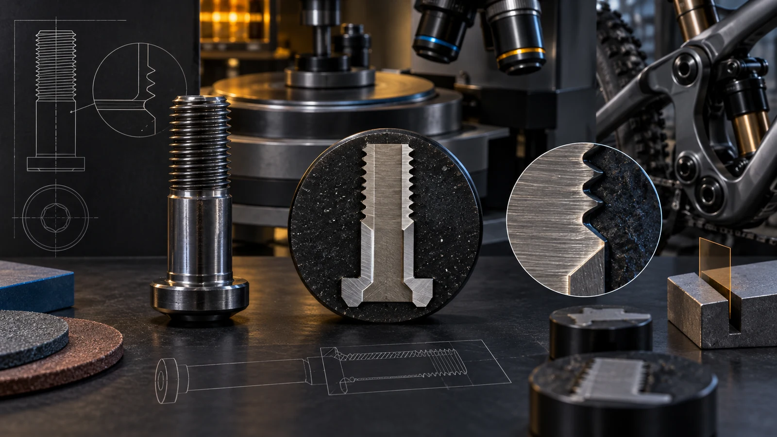 Concept arrangement of a threaded pivot bolt, sectioned specimen mount and microscope, not a real metallograph or approved laboratory procedure