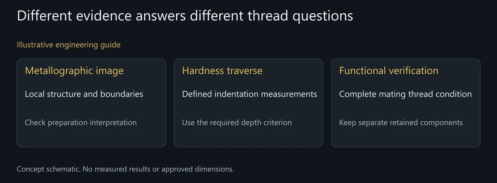 Illustrative separation of thread-section images, hardness evidence and functional verification. No measured microstructure or acceptance result is depicted.