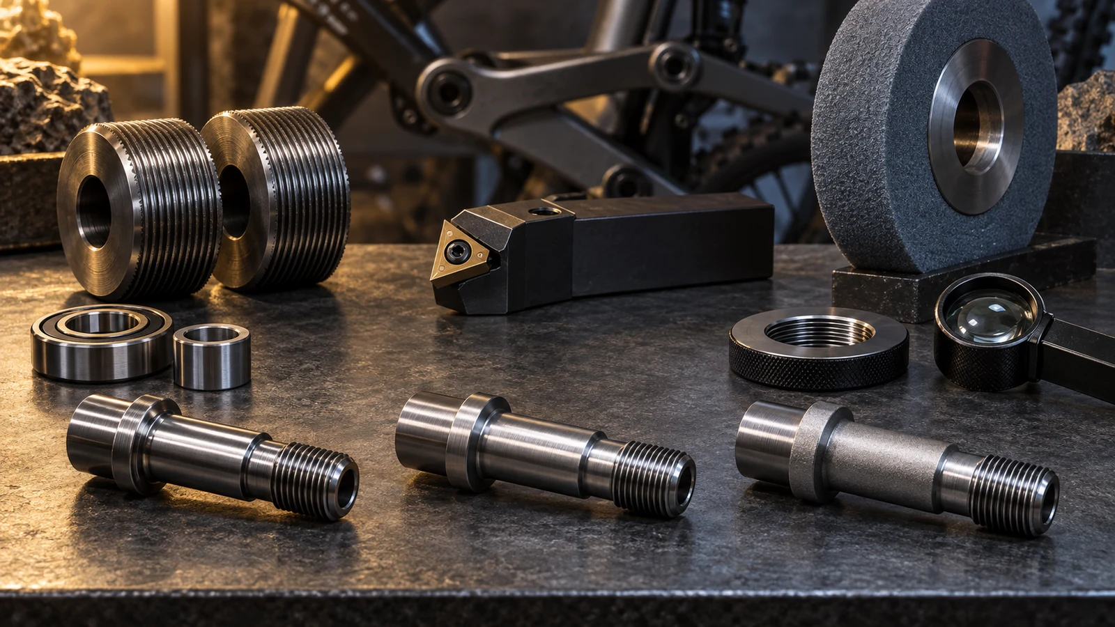 Concept stepped pivot axles with separate rolling dies, turning tool, abrasive wheel and inspection references, not actual manufacturing or approved components