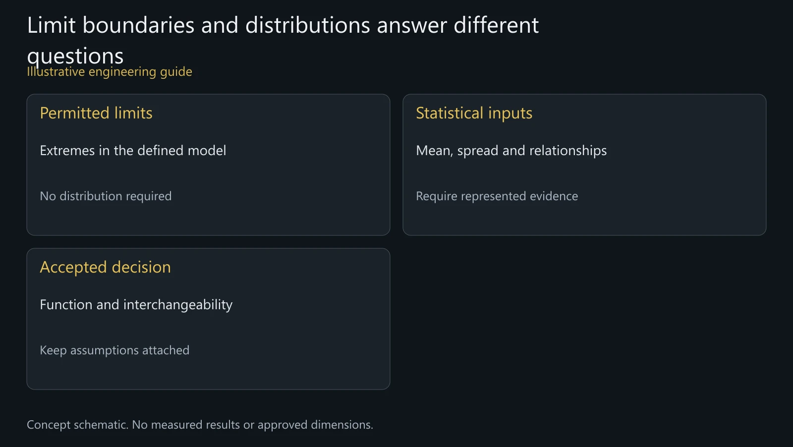 Concept method comparison, not calculated clearances, measured distributions or an approved tolerance allocation.