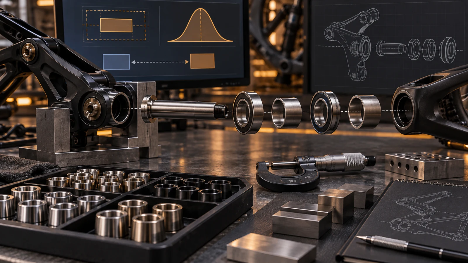 Concept exploded pivot shaft, bearings and spacers with a micrometer and abstract tolerance charts; not measured distributions or approved limits.