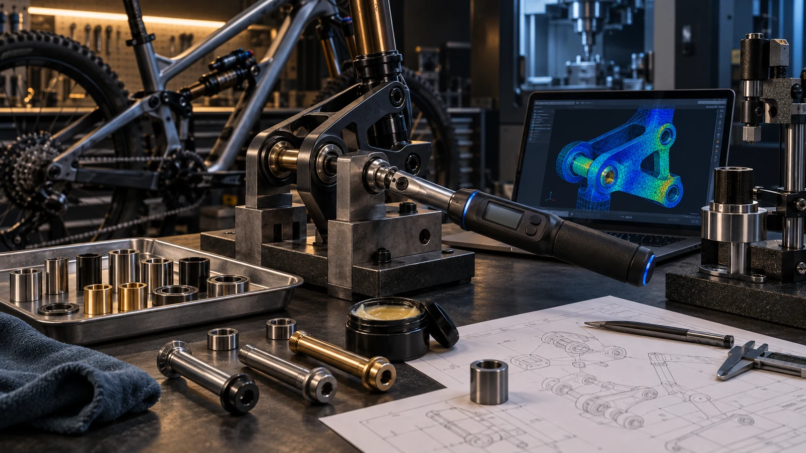 Concept engineering bench with a suspension pivot assembly, torque tool and qualitative computer model; no actual test results shown