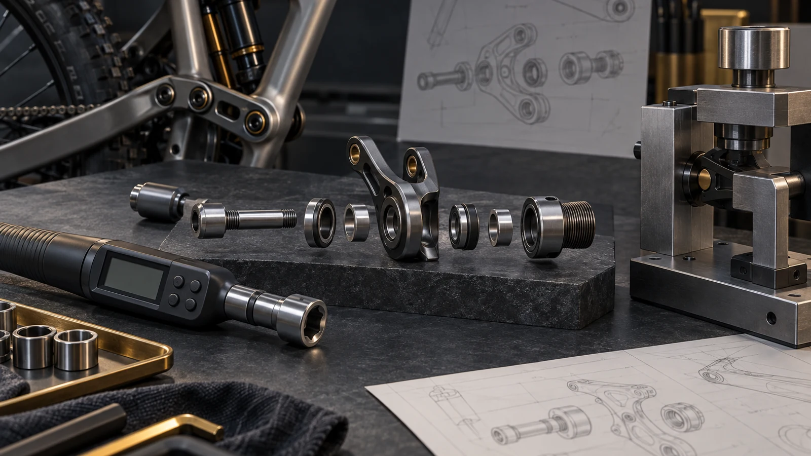 Concept pivot measurement review with torque tool, separate force-fixture model, shoulder bolts and bearing-spacer stack; no measured torque, approved assembly setting or real test facility shown.