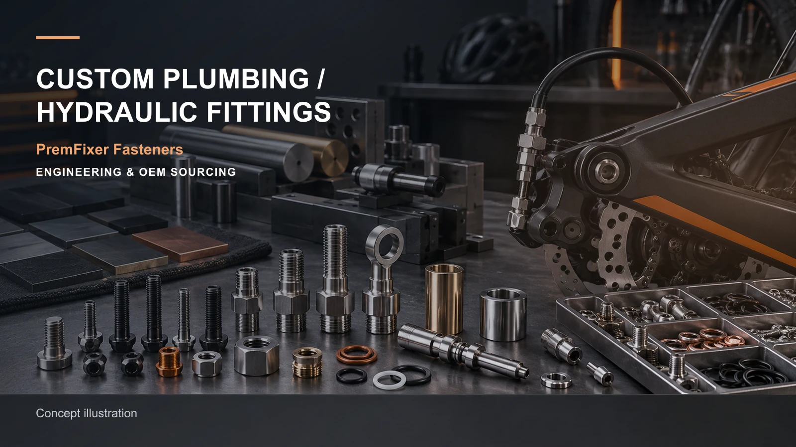 Editorial concept for plumbing and hydraulic turned fittings with cards for fitting compatibility map, thread callout map, special-thread input specification.