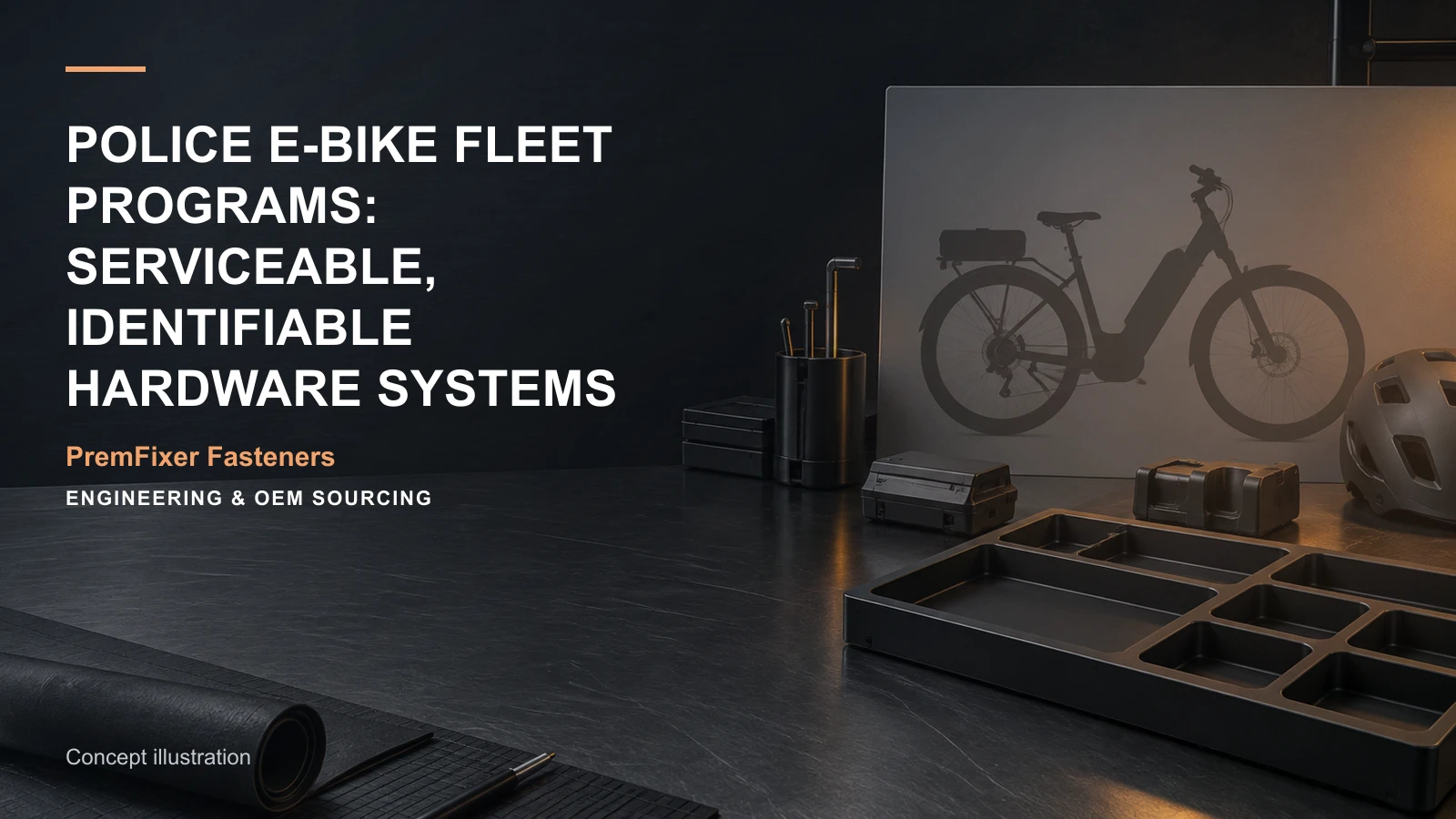 Conceptual engineering workspace introducing police e-bike fleet hardware for bicycle and electric-mobility OEM teams.