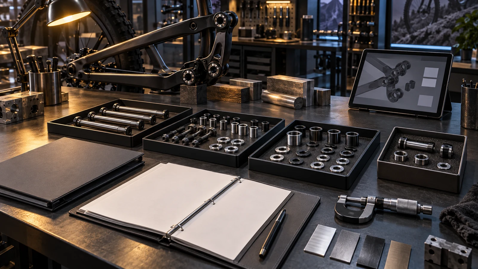 Concept production-review desk with separate pivot component trays, neutral folders and an isolated sample box, not a signed PPAP warrant or customer-approved shipment.