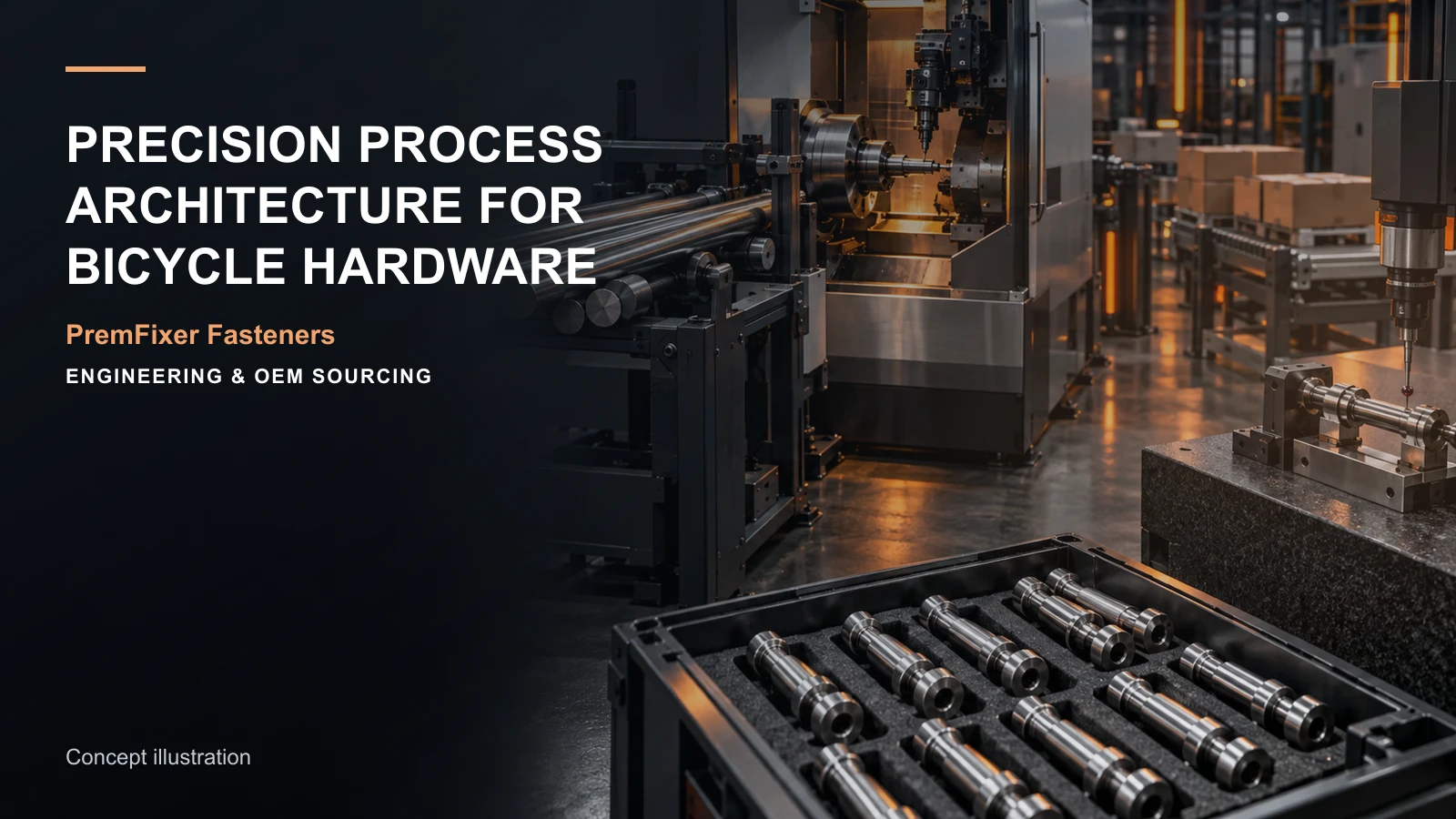 Precision bicycle hardware process cell connecting stock, turn-mill machining, finishing, metrology and lot packaging.