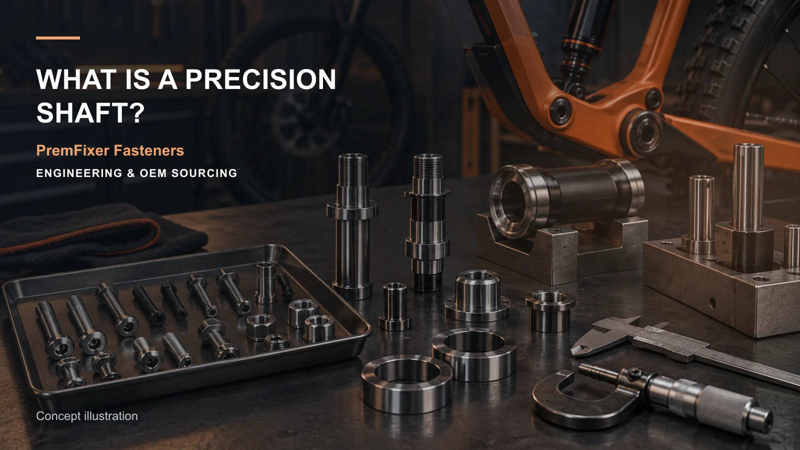 Editorial concept for precision shaft specification with cards for shaft feature map, feature-to-inspection map, geometry-method comparison.