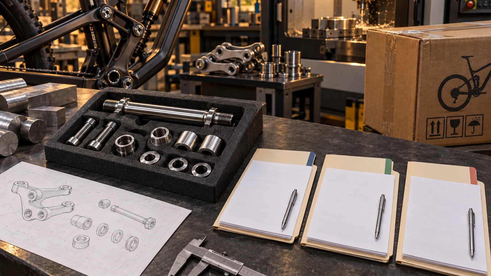 Concept export packing bench with pivot hardware, stock and separately arranged neutral document folders; not a real origin certificate, shipment or duty approval.