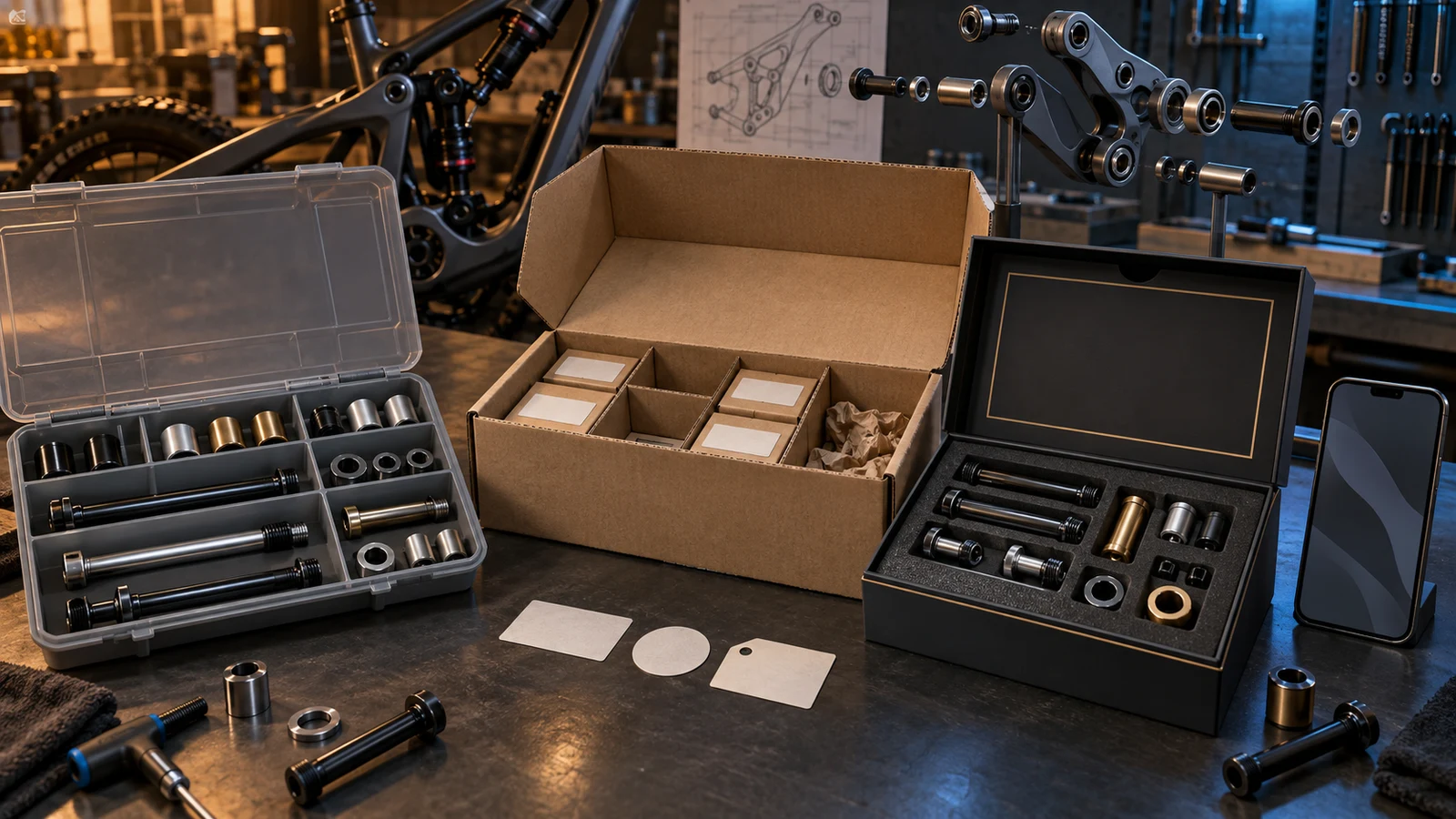 Concept packaging options for line feeding, distribution and service pivot kits with unbranded containers and reference props; not a customer pack or transport-test result.
