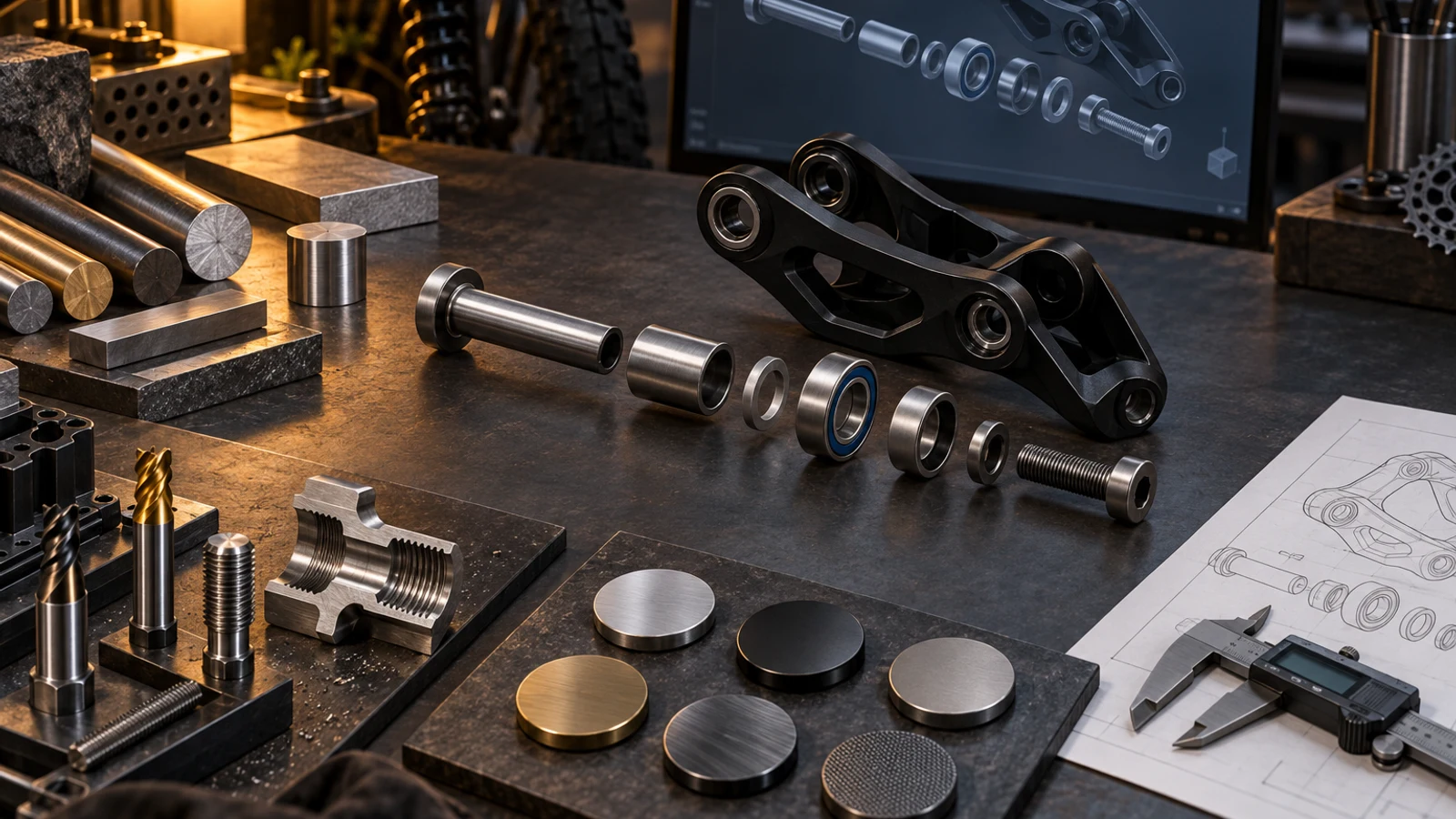 Concept engineering-review desk with an exploded pivot kit, material samples, tooling and measurement props; not a real team or inspection record.