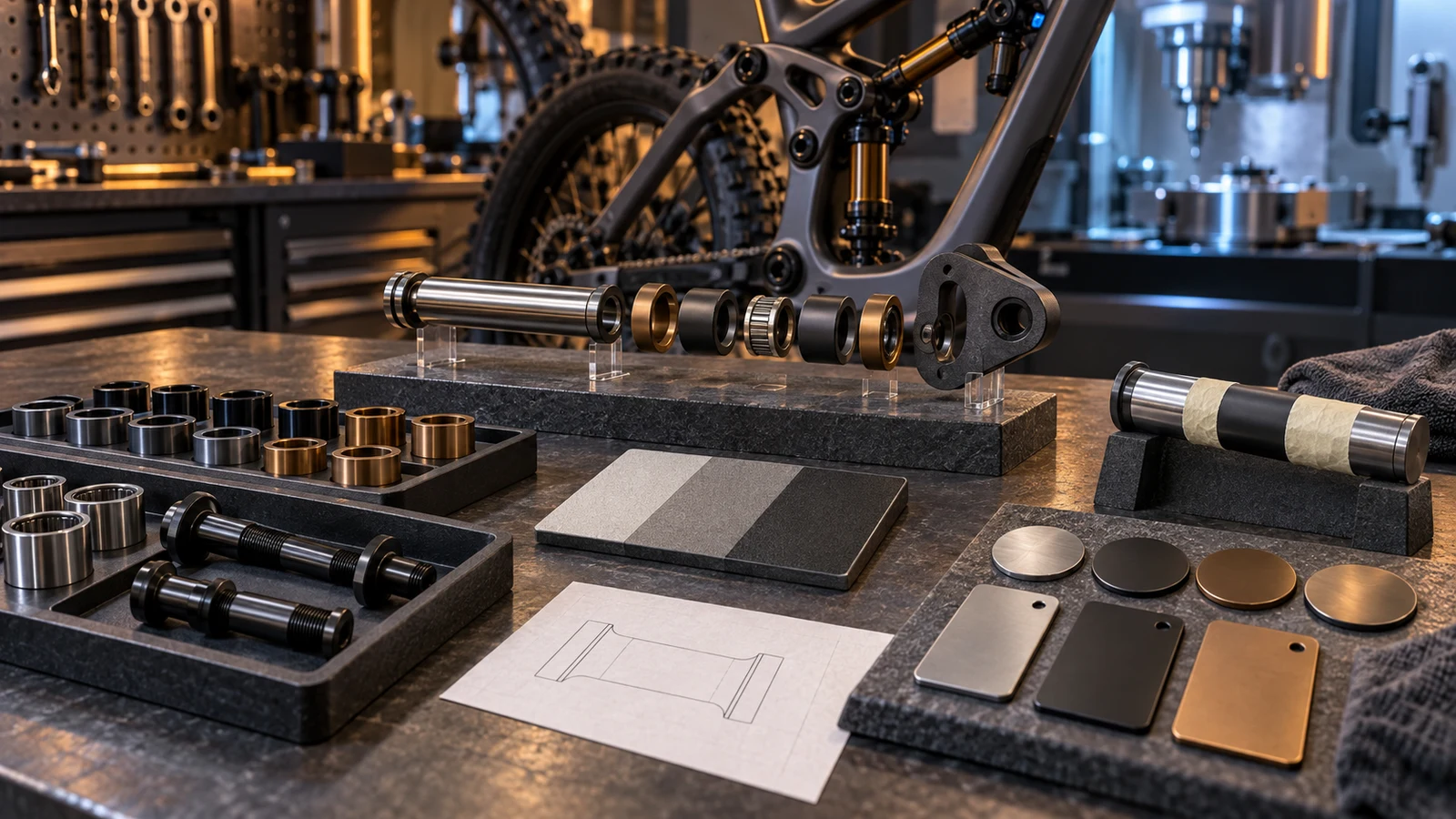 Concept surface-finishing review with differently finished pivot parts, reference props and exploded contacts; not factory photography, a treatment line or test evidence.