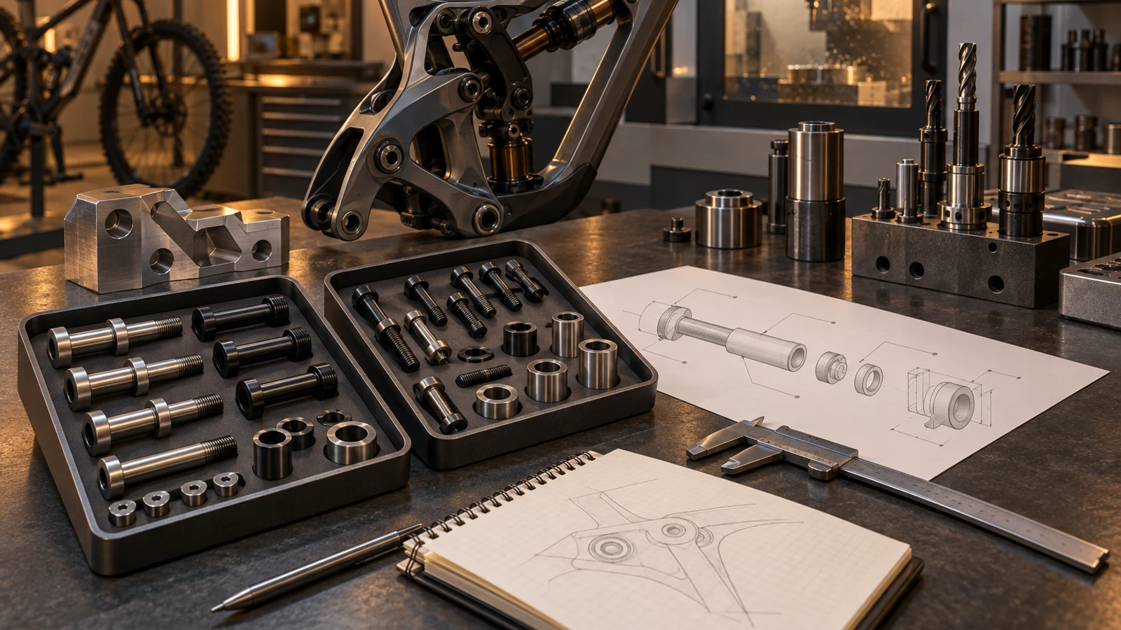Concept manufacturing knowledge scene with custom pivot hardware, feature sketches and tooling; not documentary factory or inspection evidence.
