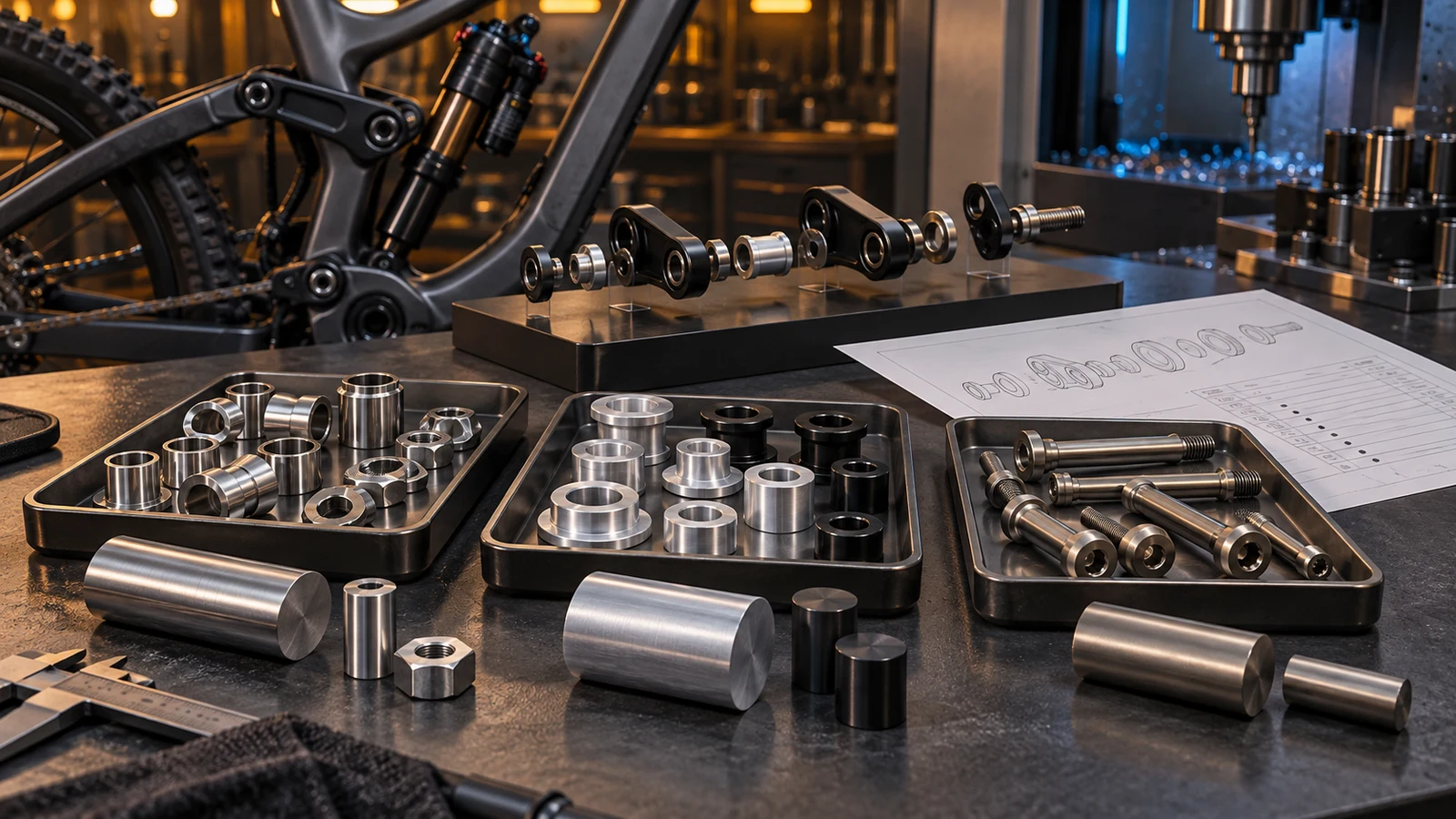 Concept mixed-material pivot-kit workbench with separated component trays, unmarked stock, an exploded arrangement and abstract BOM sheet; not stock SKUs or a factory record.
