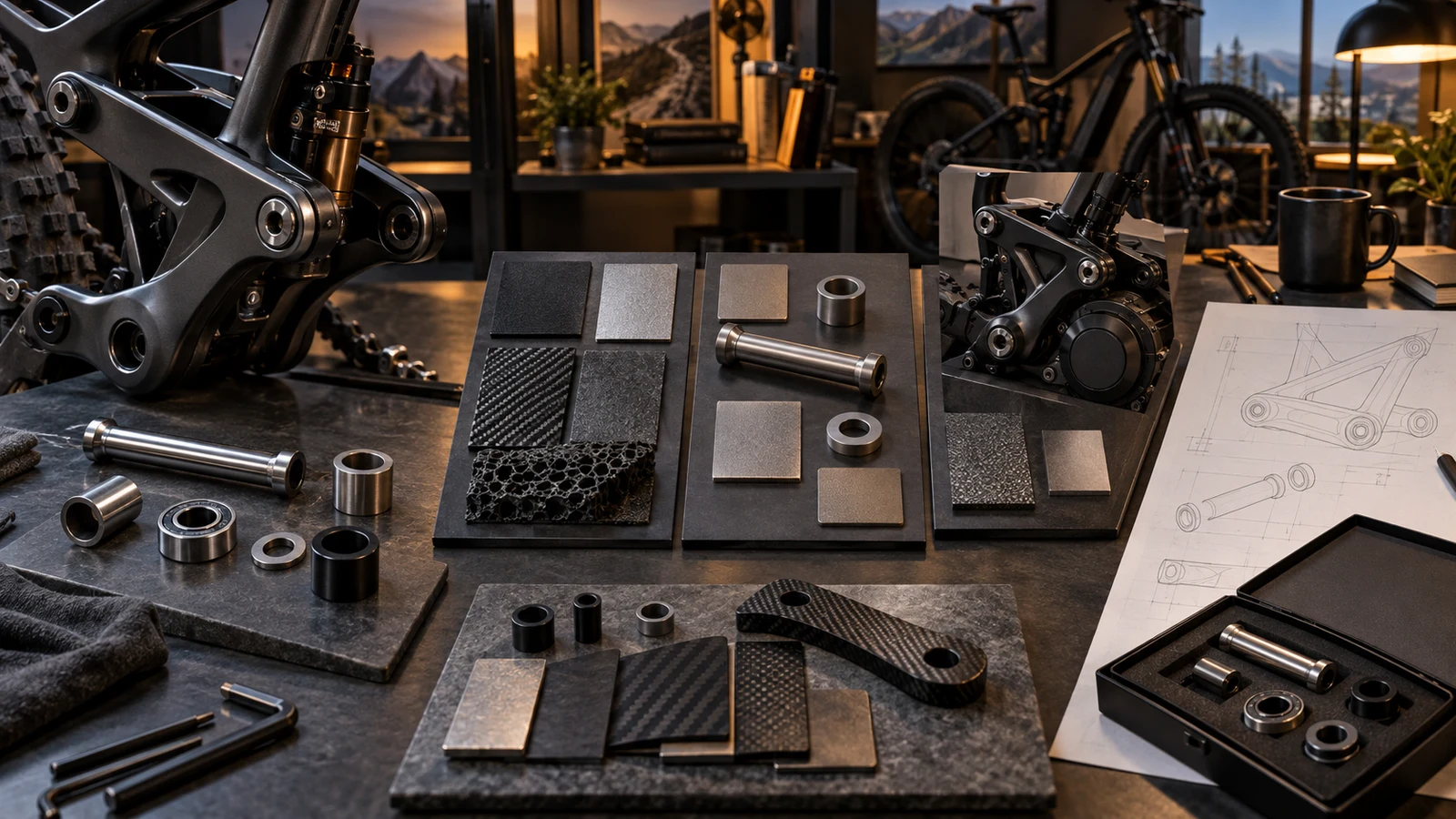 Concept engineering review of bicycle pivot hardware with carbon-interface and titanium-colored development samples, not a completed research program.