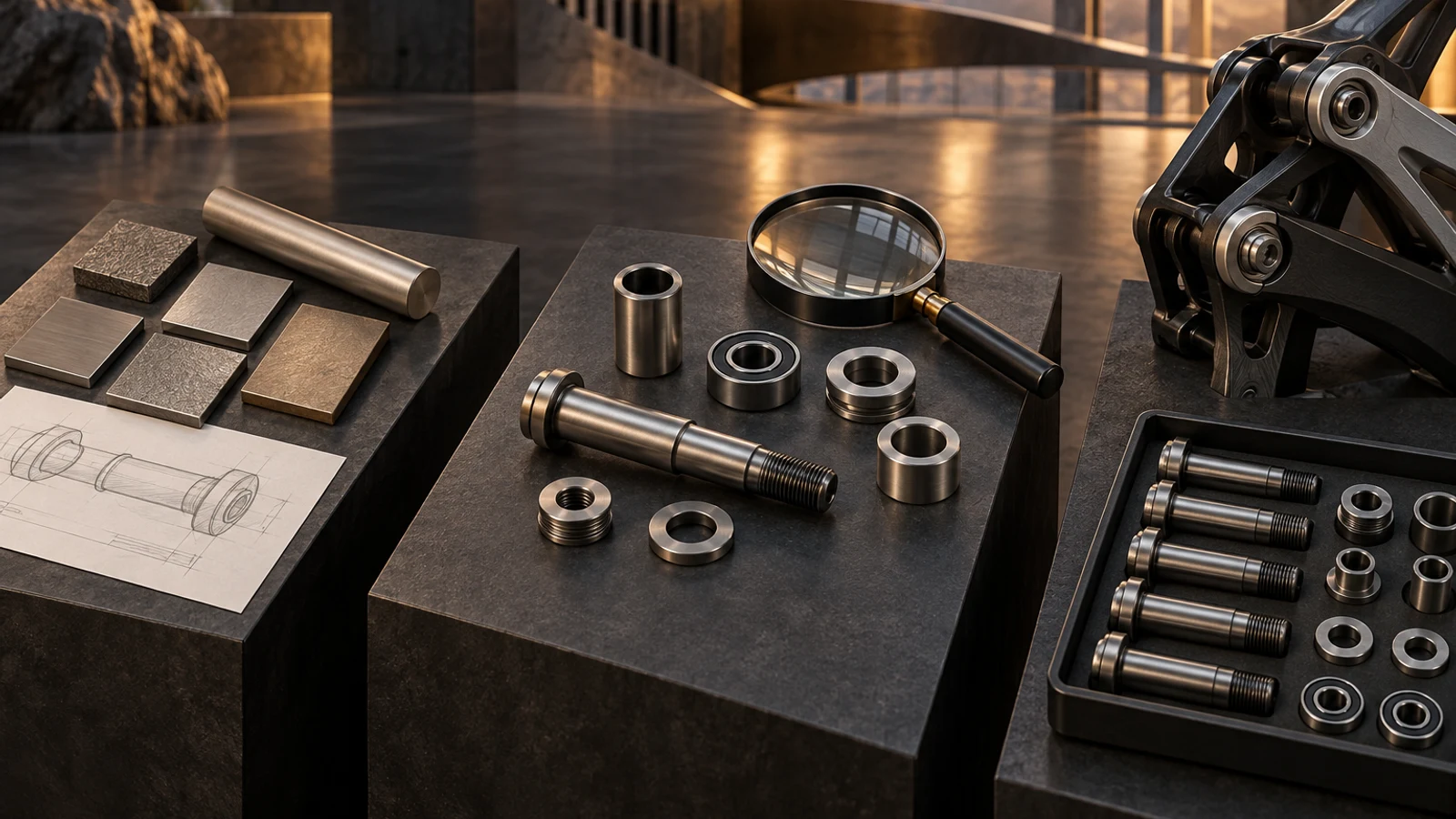 Concept display comparing material coupons, custom pivot components and assembled linkage hardware; not a real research result or production qualification.