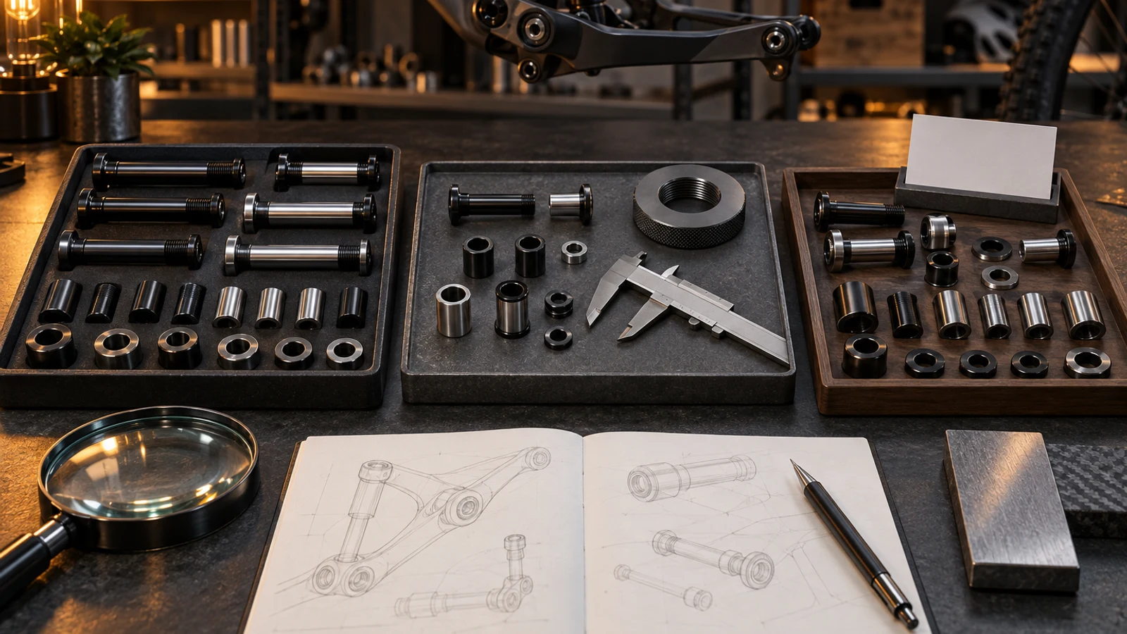 Concept pivot hardware and quality-review props in separate scope trays; not actual inspection, rejected parts or proof of defect-free supply.