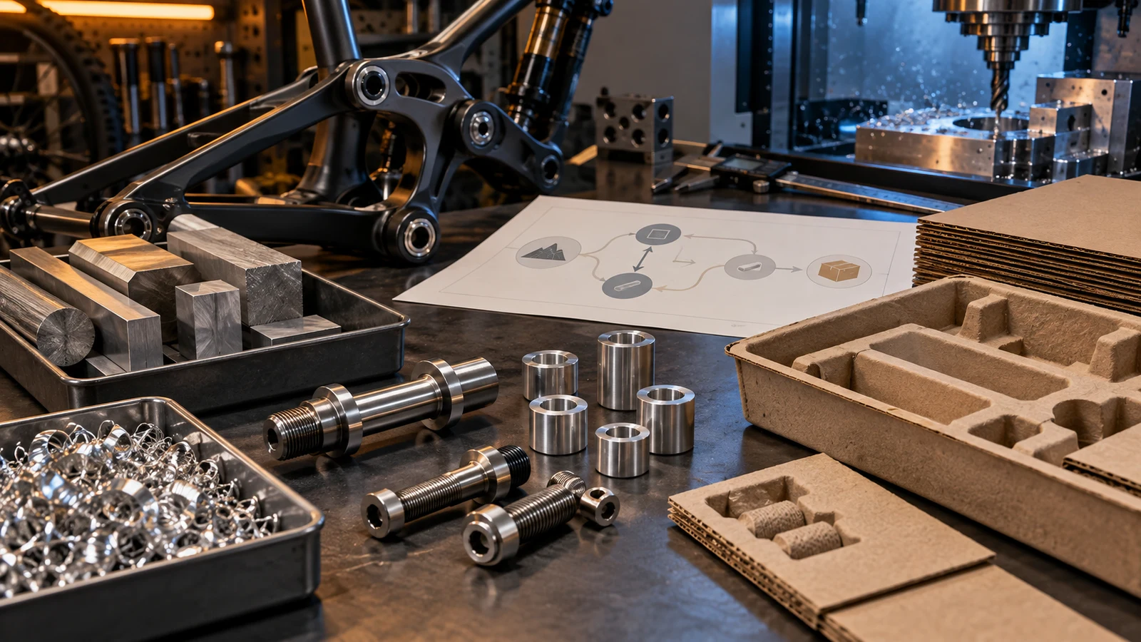 Concept resource-review bench with finished pivot parts, separated stock offcuts and chips, reusable tray and paperboard; not evidence of recycled content or actual factory savings.