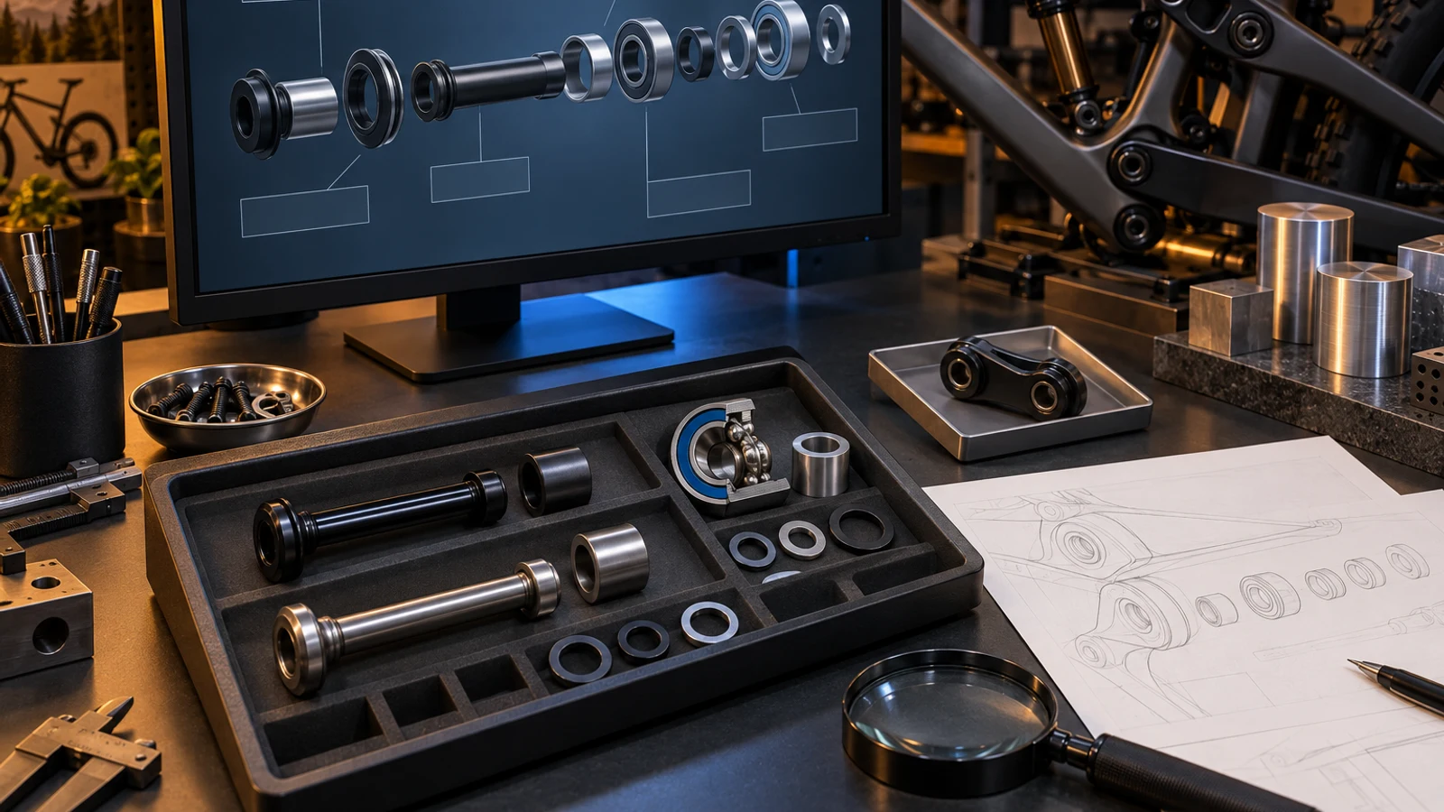 Concept technical-support workspace with pivot variants, an exploded geometry display and reference sketch; not a real customer portal or service record.