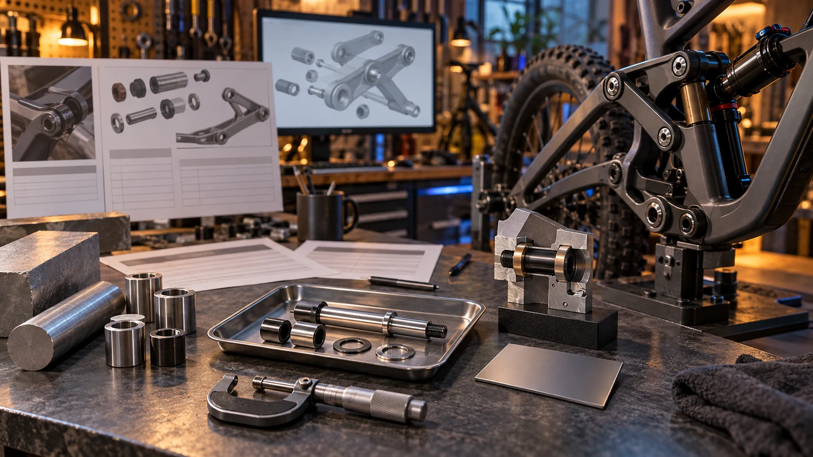 Concept report-scope workbench separating material stock, finished pivot parts, demonstration specimens and an assembled linkage; not an owned laboratory or actual test record.