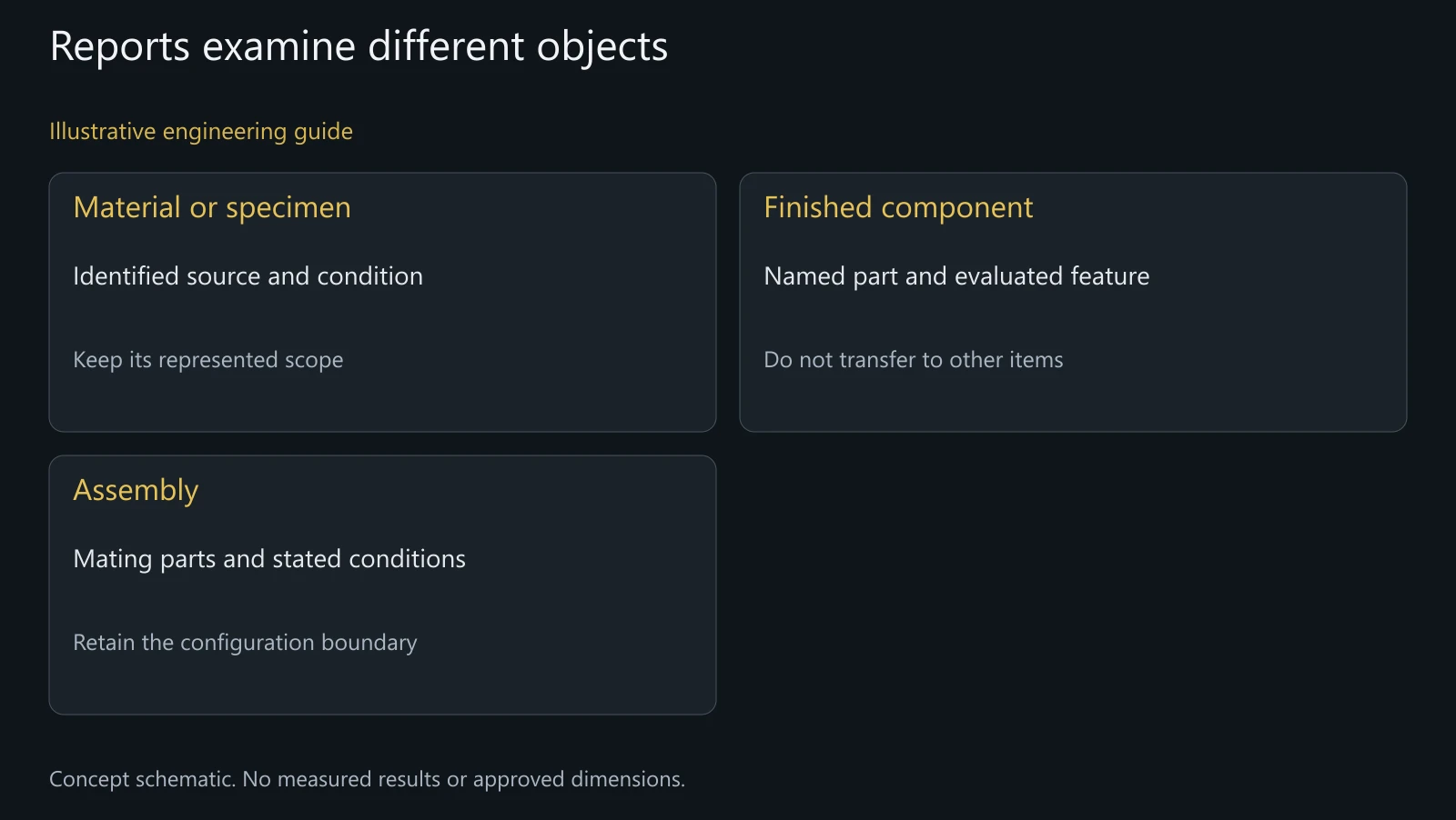 Concept report-object map, not test specimens from an actual order or measured customer results.