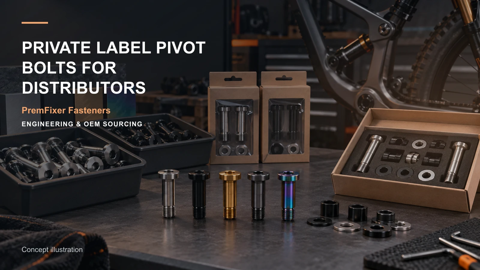 Editorial concept for private-label pivot hardware supply with cards for private-label scope table, sku release map, marking layout and identity rules.