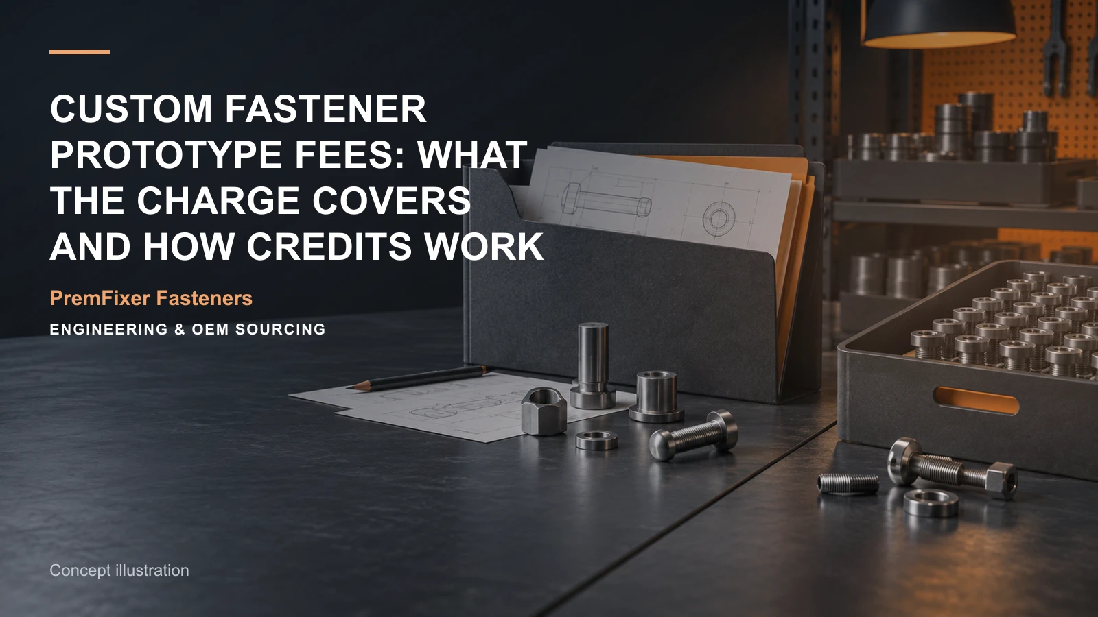 Concept illustration for Custom Fastener Prototype Fees: What the Charge Covers and How Credits Work.