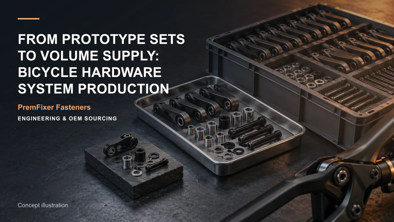 Concept illustration connecting prototype sets, pieces per set and pilot kits in a bicycle hardware project.