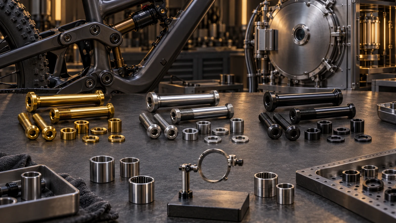 Concept illustration of gold, silver-gray and black pivot hardware with mating sleeves and an enclosed coating context; colors do not identify qualified coating chemistry or tested performance.