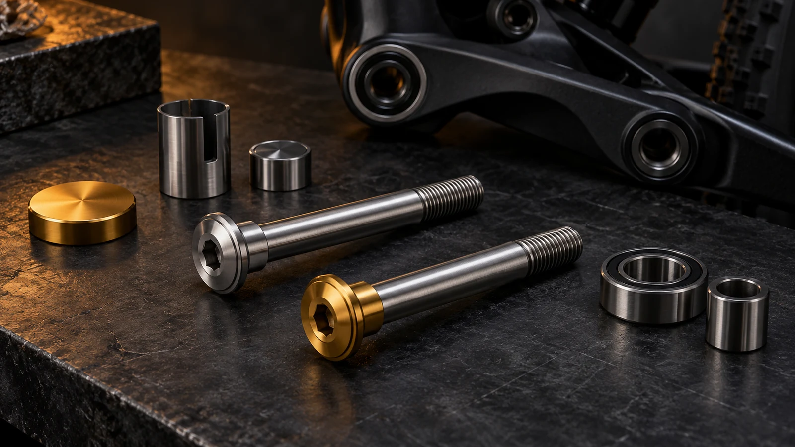 Concept titanium pivot axles with selective gold-colored head coverage beside silver reference hardware, masking accessories and mating rings, not an approved coating map