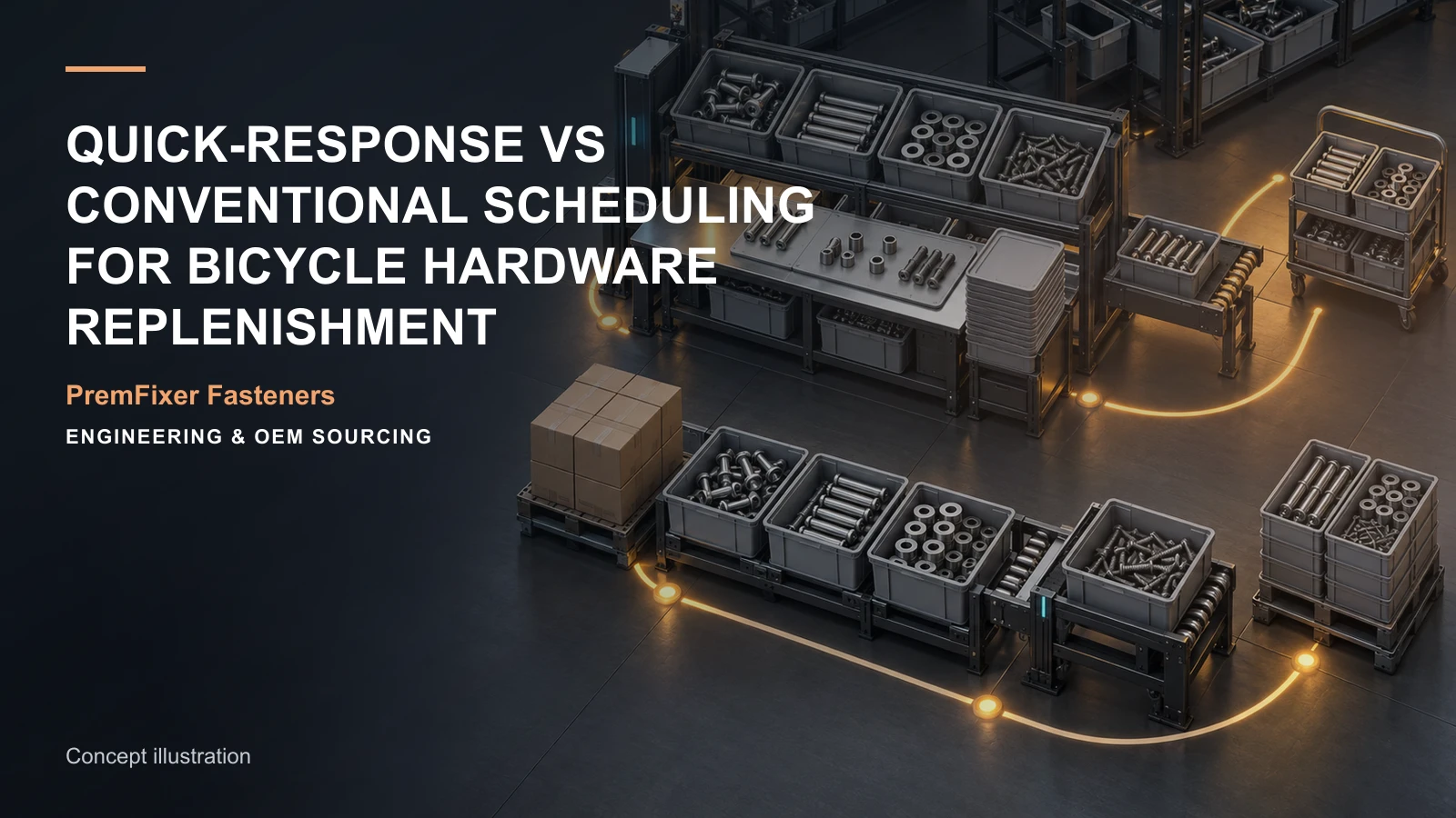 Conceptual engineering workspace introducing quick-response hardware replenishment for bicycle and electric-mobility OEM teams.